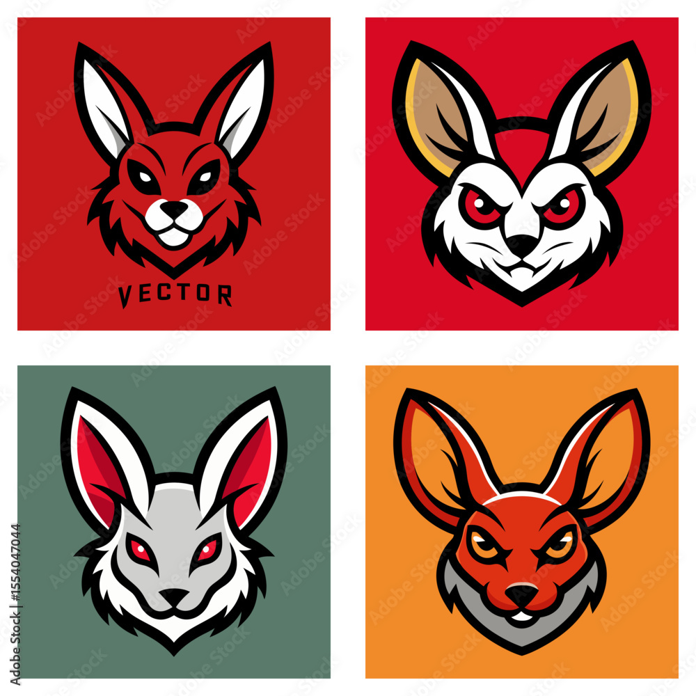 Aufkleber four square images showing stylized rabbit heads with different color schemes and backgrounds