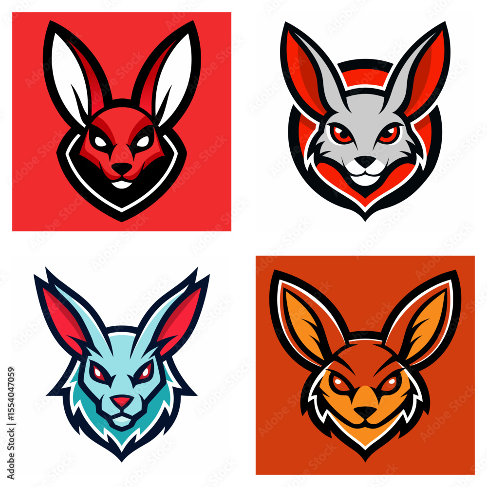 Poster Four stylized rabbit head logos with different color schemes and aggressive expressions displayed together