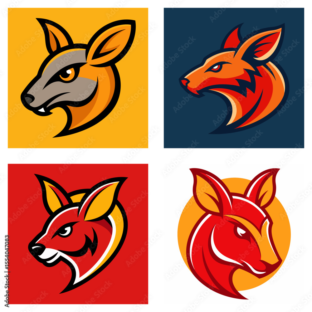 Poster Four kangaroo head illustrations with varying color schemes and background designs shown in a grid format