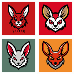 Fototapeta premium Four square images showing stylized rabbit heads with different color schemes and backgrounds