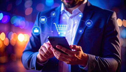Close-up of a person shopping online using a smartphone, with holographic e-commerce icons floating around, representing digital technology and innovation.