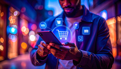 Close-up of a person shopping online using a smartphone, with holographic e-commerce icons floating around, representing digital technology and innovation.