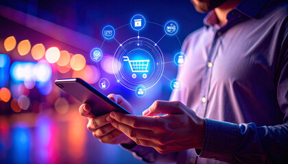 Close-up of a person shopping online using a smartphone, with holographic e-commerce icons floating around, representing digital technology and innovation.