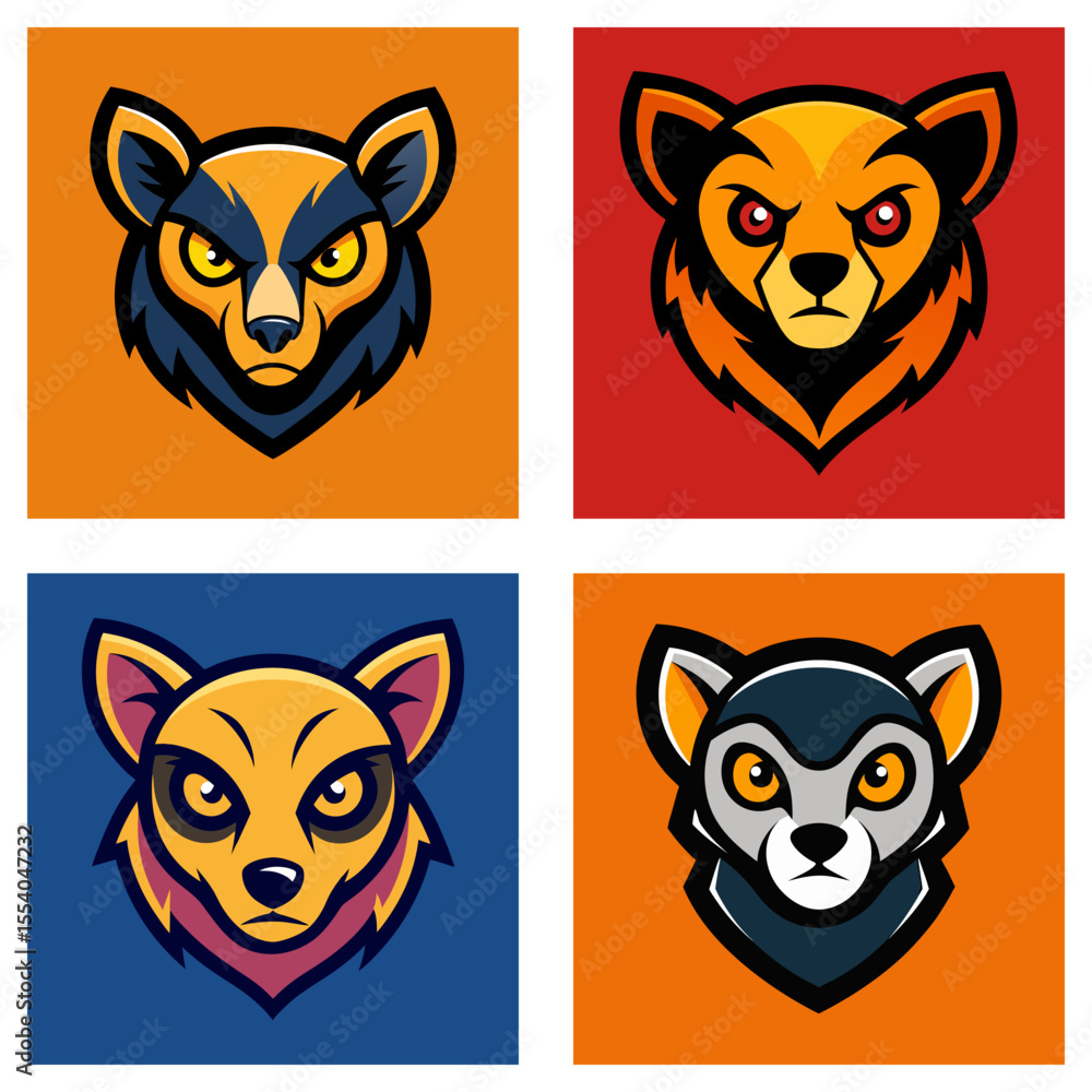 Aufkleber collection of four stylized animal heads in square frames with different color schemes and expressio