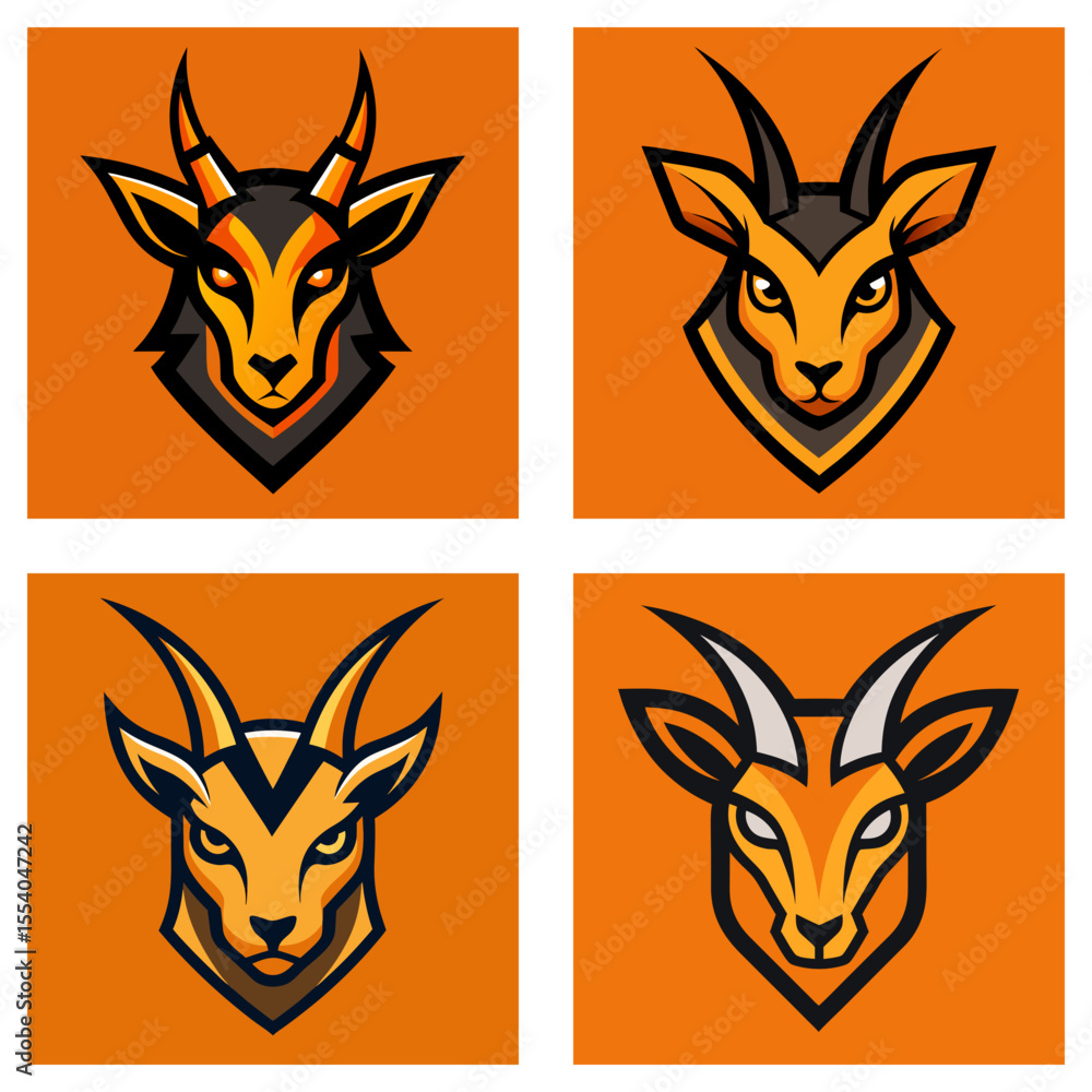 Poster four square images of stylized antelope heads with orange backgrounds and black outlines in a grid p