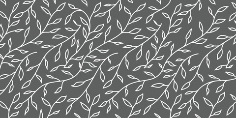 Fototapeta premium Seamless dark grey leaf outline pattern. Elegant botanical vector design for fabric, wallpaper, wrapping paper, packaging, invitations, and nature-themed decor projects.