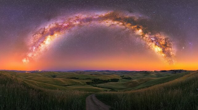 Panoramic view of a Tuscan countryside landscape at night under a vibrant Milky Way arch.  Rolling hills covered in golden grass and green fields meet a dusty road that winds into the distance.  