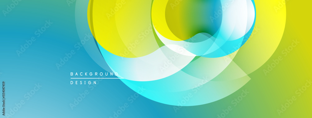 Poster abstract design features overlapping circles, vibrant colors. gradient blends turquoise, yellow, gre
