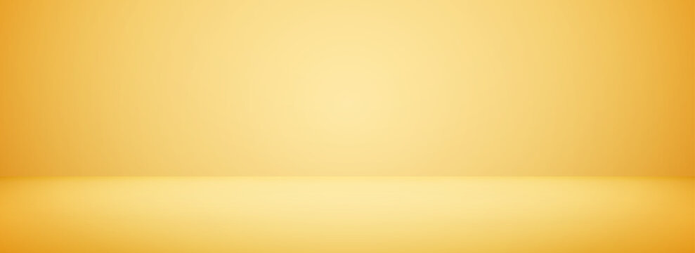 Gold gradient studio room design. Bright yellow podium concept wallpaper. Gold wall and floor surface backdrop for presentation, product showcase, mockup template. Vector empty shelf display backdrop