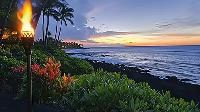 Tropical sunset at the ocean shore with tiki torch
