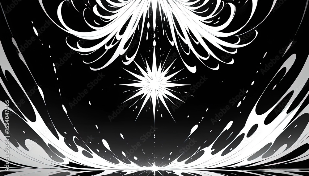 Poster abstract black and white design with radiating patterns.