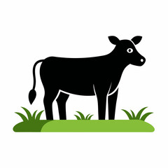 Black stroke of a cow standing in a grassy field animal vector icon on white background.