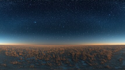 Panoramic vista of a flat, dry, grassy plain under a star-studded night sky