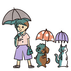 日傘をさす人と犬と猫