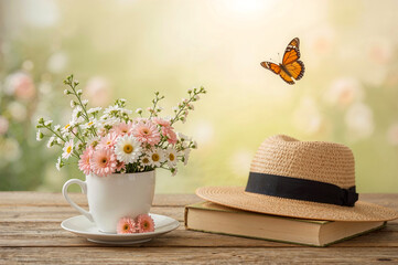 a cozy moment with flowers, a hat, and a butterfly in a peaceful nature setting