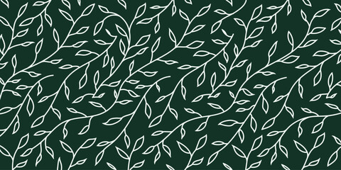 Fototapeta premium Seamless outline leaf pattern on dark green background. Minimalist botanical vector design perfect for fabric, packaging, wallpaper, wrapping paper, eco branding, and nature-inspired projects.