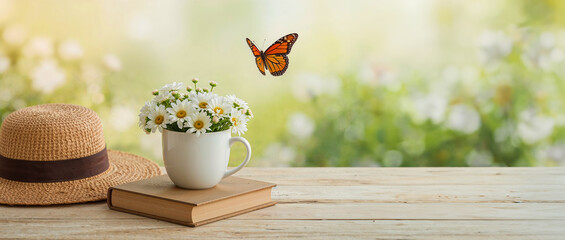 summer nature background with daisies, a book, and a butterfly