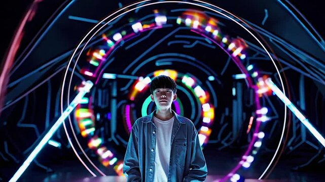 Young Inventor Boy Standing in Neon Light World of Futuristic Time Travel,Generative AI