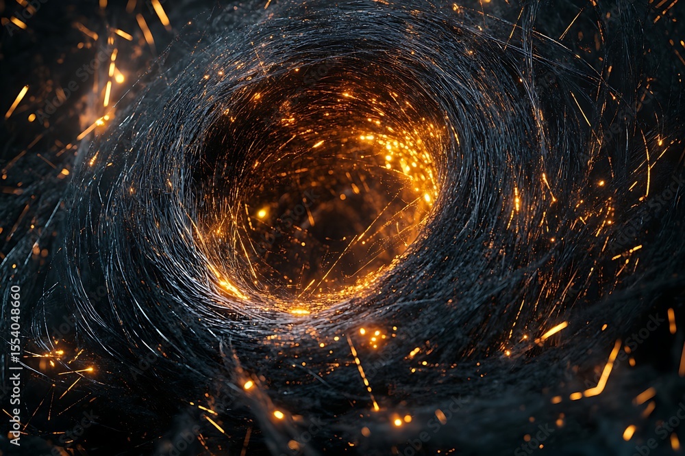 Poster abstract dark vortex with glowing lights. swirling pattern of dark fibers and bright sparkles.