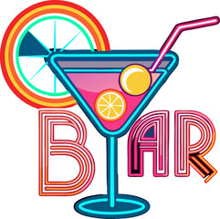Bright neon cocktail illustration for a bar opening with white background.