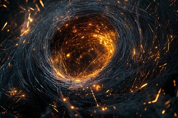Abstract dark vortex with glowing lights. Swirling pattern of dark fibers and bright sparkles.