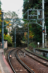 Scenic Japanese Railway: Curving Train Tracks and Autumn Foliage at a Rural Station