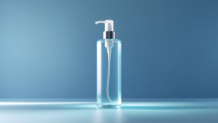 A minimalist aesthetic showcases a transparent bottle of liquid sanitizer, presented in a clean, sleek composition. The product is set against a soft background.