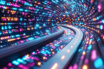 Futuristic data tunnel with glowing lights and digital information for technology concept