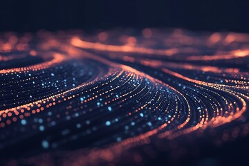Abstract data stream visualization with flowing light particles and dark background