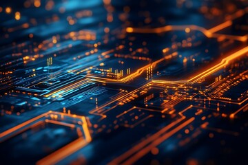 Artificial intelligence circuit board background with glowing lines and data streams. Tech concept