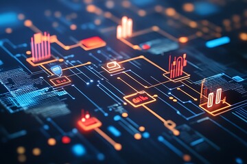 Futuristic Technology Concept with Glowing Circuit Board and Data Flow Visualization