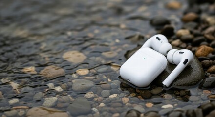Wireless Earbuds Resting on Wet Pebbles by Stream