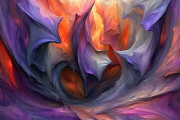 Abstract painting featuring dynamic brushstrokes, purple, orange, and white hues for artistic background