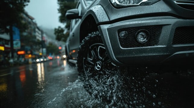 Dark pickup truck in rainy city street