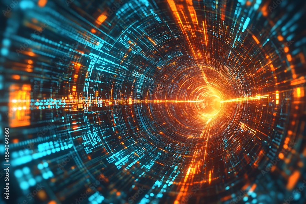 Aufkleber futuristic technology tunnel with digital data stream and glowing light at the end