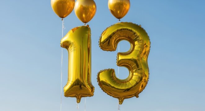 Golden Balloons Floating Upwards Celebrating a Thirteenth Birthday Party Outdoor Celebration