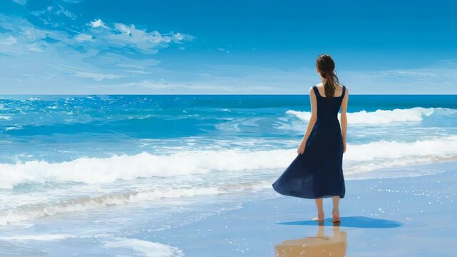 真夏の海を散策する女性
