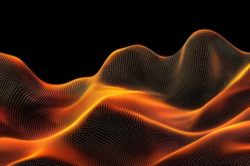 Abstract orange glowing grid landscape on black background, technology and science design
