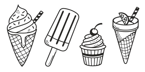 Frozen Treat Outline Icons – Ice Cream Cones, Popsicles & Cup Desserts