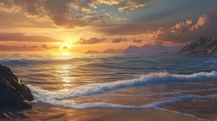 Golden hour ocean sunset with rolling waves and coastal mountains scenery