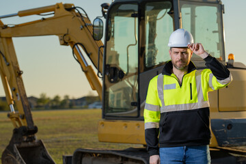 Portrait of builder in a construction site. Builder with excavator ready to build new house....