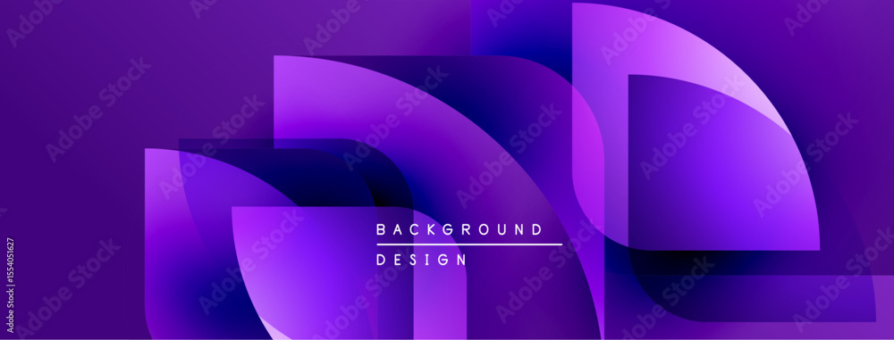 Poster Abstract purple layers create dynamic background. Smooth gradients, flowing shapes suggest modern design elements. Minimalist text present.