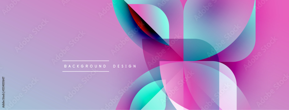 Poster abstract design features overlapping translucent shapes. pink, purple, turquoise hues blend smoothly
