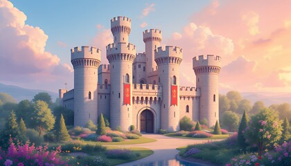 A majestic fantasy castle surrounded by blooming gardens at sunset.
