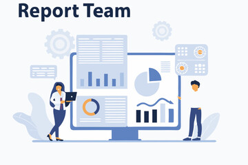 vector business data analytics research and Data Scientist concept. set illustration design marketing team meeting and working on report dashboard monitor. business finance investment planning