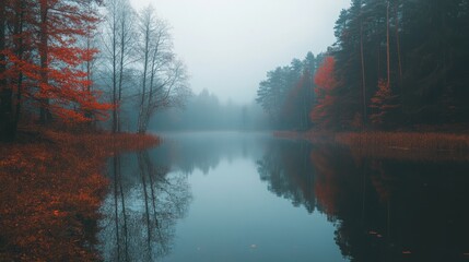 Mystical lake reflecting autumnal colors and shrouded in ethereal morning fog