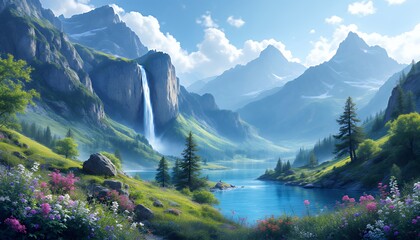 A breathtaking mountain landscape with a waterfall and vibrant wildflowers.