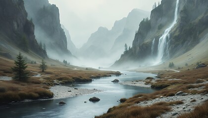 Misty valley with a flowing river and cascading waterfall in serene landscape.