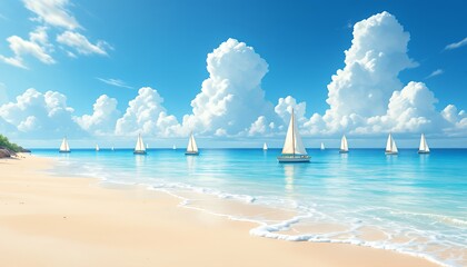 Idyllic beach scene with multiple sailboats on a sunny day under vibrant blue skies.