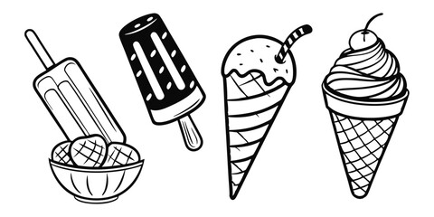 Cute Ice Cream Clipart – Hand-Drawn Cones, Popsicles & Cups in Outline Style